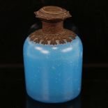 A Victorian blue opalescent glass perform bottle with engraved brass top, and inset glass panel to