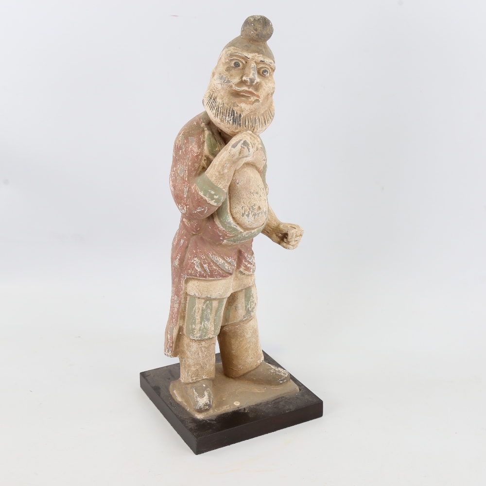 An Indian/Chinese painted terracotta standing figure wearing a turban, on wood plinth, height 41cm - Image 2 of 4