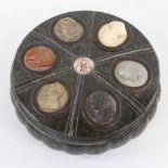 An early 19th century Grand Tour circular green marble desk stand and cover, the lid having inset