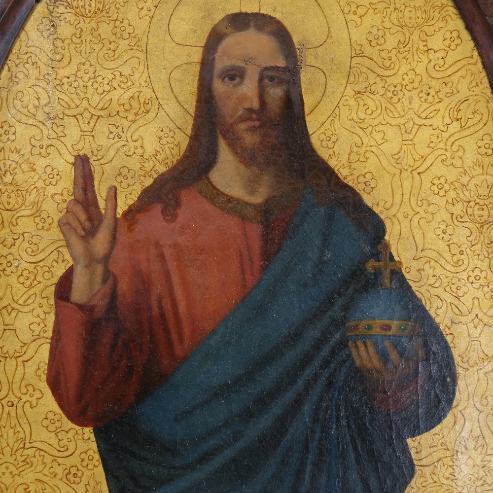 A 19th century hand painted and gilded religious plaque, depicting Salvator Mundi, on gilded - Image 2 of 4