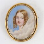 A 19th century miniature painting on ivory, portrait of a young woman with ringlets in her hair,