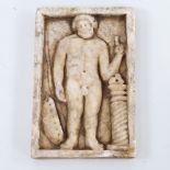 A Roman relief carved marble plaque depicting Hercules, 15cm x 10cm Top right-hand corner has been