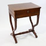 A burr-walnut sewing table of rectangular form, with rising top single frieze drawer, raised on