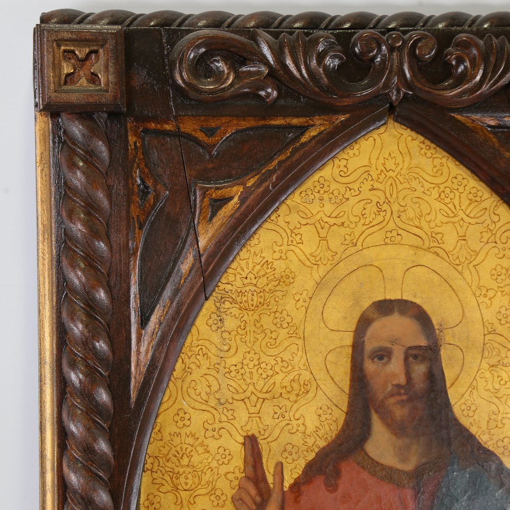 A 19th century hand painted and gilded religious plaque, depicting Salvator Mundi, on gilded - Image 3 of 4