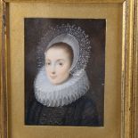 A miniature painted portrait of an Elizabethan woman wearing a ruff and lace cap, probably painted