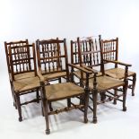 A set of 7 rush-seated elm country dining chairs (5 + 2), with spindled backs All in good solid