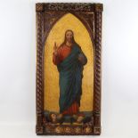 A 19th century hand painted and gilded religious plaque, depicting Salvator Mundi, on gilded