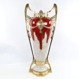 A large Austrian secessionist vase, red high fire treacle glaze ceramic in Art Nouveau cast-brass