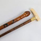 A Japanese carved rootwood walking cane with later tip, and an ivory-handled walking cane with