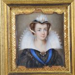 A miniature painted portrait of a woman wearing a large lace collar and bonnet, probably painted