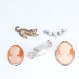 Various silver jewellery, including relief carved cameo shell brooches, sweet wrapper pillbox etc (