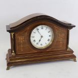A French inlaid mahogany dome-top mantel clock, white enamel dial with Roman numeral hour markers,