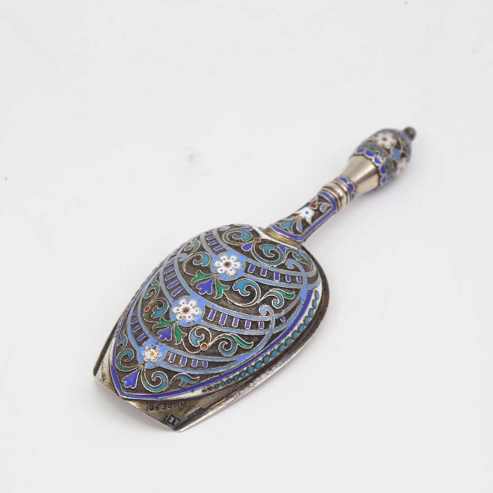 A Russian silver and champleve enamel sugar shovel, mark of Antip Kuzmichev of Moscow, made for - Image 3 of 5