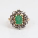 An Antique unmarked gold emerald and diamond cluster ring, set with emerald-cut emerald and rose-cut