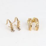 2 pairs of gold stone set earrings, comprising 14ct half hoop, 2.6g, and 9ct heart design, 1g (2