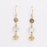 A modern handmade pair of unmarked gold citrine blue moonstone and diamond drop earrings, set with