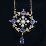 A late 20th century 18ct gold sapphire pearl and diamond floral pendant necklace set with whole