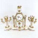 A 19th century French white marble and brass-cased 3-piece 8-day drum mantel clock garniture, floral
