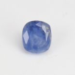 A 3.51ct unmounted cushion-cut sapphire, dimensions: 9.07mm x 8.18mm x 4.85mm, some indications of