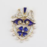 An Antique pearl diamond and enamel shield pendant, unmarked gold settings with four leaf clover