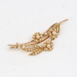 A Victorian unmarked gold and pearl floral brooch, brooch length 46.4mm, 4.7g Only 1 pearl missing