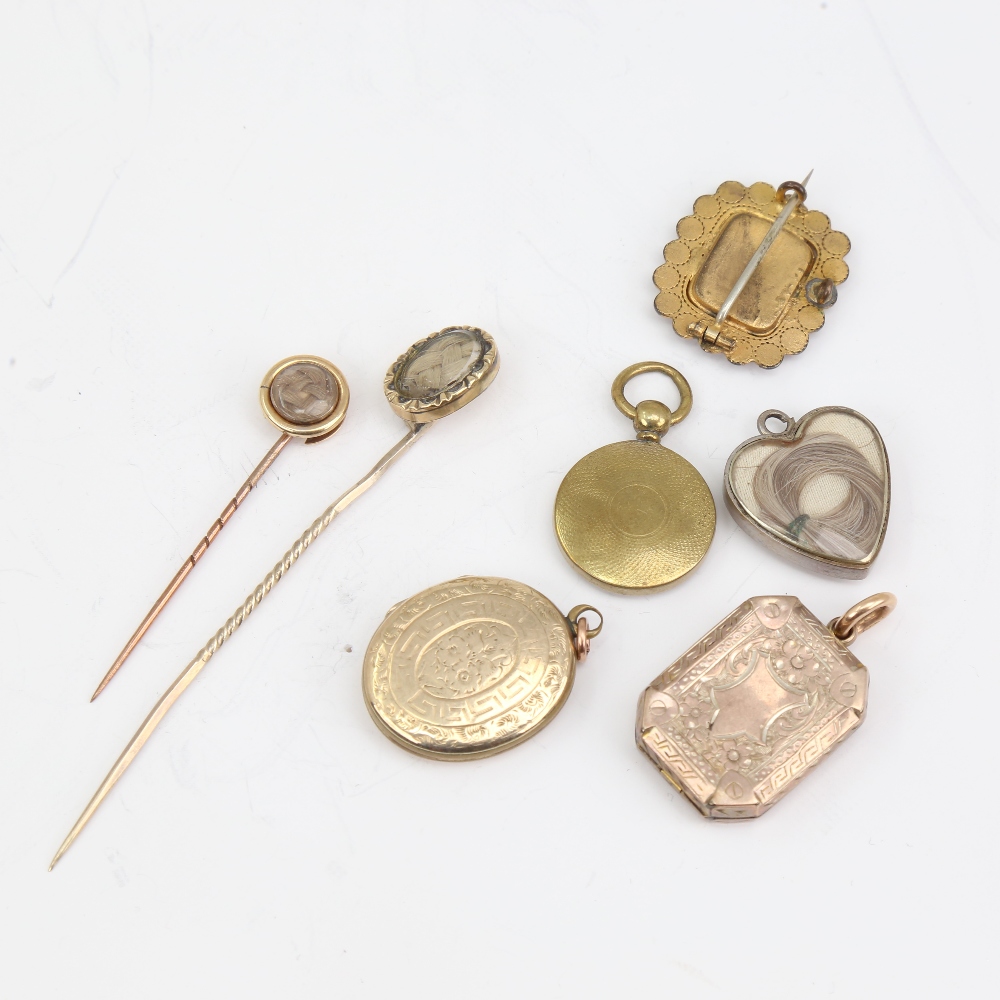 A group of Antique mourning jewellery, including photo pendant lockets, woven hair stickpins, brooch - Image 2 of 5