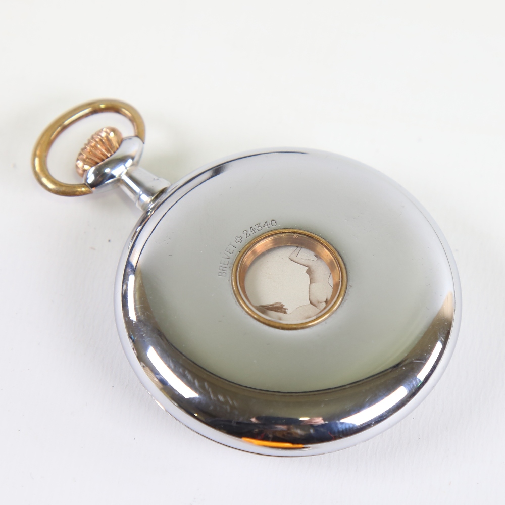 An Art Deco chrome plated novelty erotic open-face top-wind pocket watch, by Brevet, white enamel - Image 4 of 5