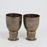 A pair of 19th century German silver double marriage wedding cups, Hanau, cylindrical form with