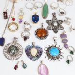 Various silver and stone set jewellery, including brooches, pendants, rings, necklaces etc, 242g