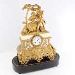 A large 19th century French gilt-bronze 8-day mantel clock, indistinct maker, white enamel dial with