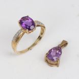A modern 9ct gold amethyst and diamond dress ring and matching pendant, ring size P, pendant