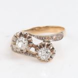 An Antique unmarked gold diamond crossover ring, set with old and rose-cut diamonds, total diamond