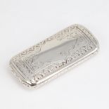 A Victorian silver snuffbox, rectangular cushion form with bright-cut engraved decoration and gilt