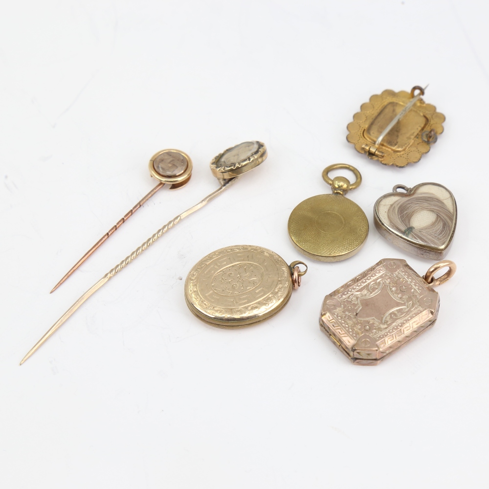 A group of Antique mourning jewellery, including photo pendant lockets, woven hair stickpins, brooch - Image 3 of 5