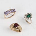 3 9ct gold stone set rings, including 9ct and silver green stone cluster example, and 9ct garnet