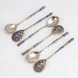 A set of 6 Russian silver and champleve enamel coffee spoons, with twist stems and crown