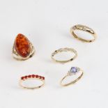 5 9ct gold stone set rings, gemstones include amber and diamond, sizes L x 2, N, P x 2, 9.4g