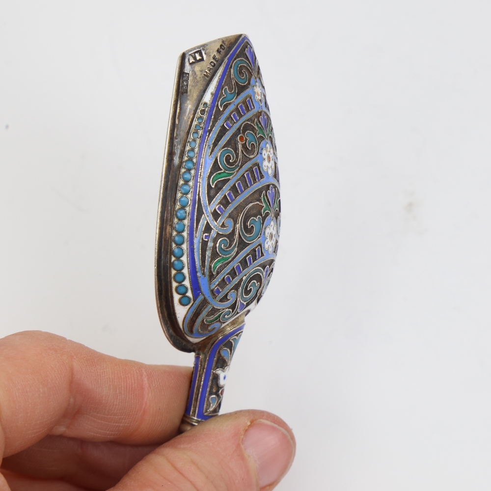 A Russian silver and champleve enamel sugar shovel, mark of Antip Kuzmichev of Moscow, made for - Image 5 of 5