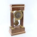 A 19th century rosewood and satinwood inlaid brass 4-pillar portico mantel clock, silvered dial with