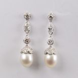 A pair of French 18ct white gold whole pearl and diamond drop earrings, set with marquise and