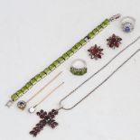 Various jewellery, including unmarked gold stone set stickpin, peridot bracelet and ring, star