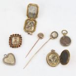 A group of Antique mourning jewellery, including photo pendant lockets, woven hair stickpins, brooch