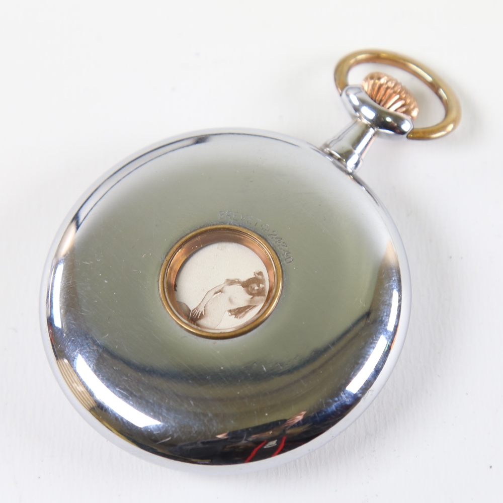 An Art Deco chrome plated novelty erotic open-face top-wind pocket watch, by Brevet, white enamel - Image 2 of 5