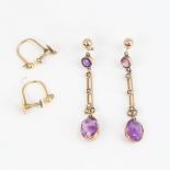 ***WITHDRAWN*** A pair of unmarked gold amethyst and split-pearl pendant earrings, ...