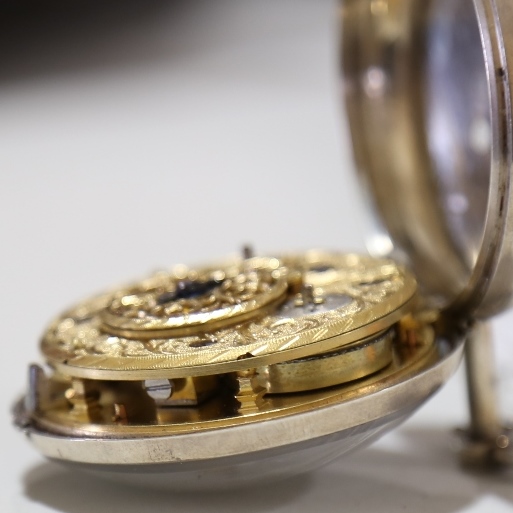 An 18th century silver pair-cased open-face keywind Verge pocket watch, white enamel dial with - Image 13 of 19