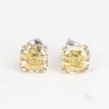 CARAT - a modern pair of 9ct white gold yellow asscher-cut cubic zirconia stud earrings, CZ width