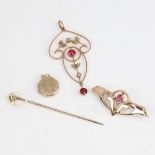 3 Art Nouveau 9ct gold stone set pieces of jewellery, comprising brooch pendant and stickpin, and