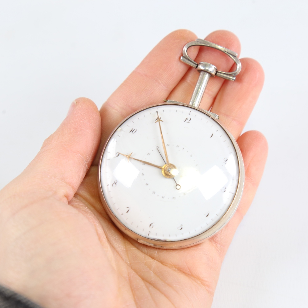 An 18th century silver pair-cased open-face keywind Verge pocket watch, white enamel dial with - Image 4 of 19