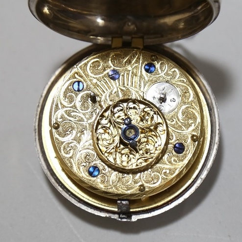 An 18th century silver pair-cased open-face keywind Verge pocket watch, white enamel dial with - Image 6 of 19