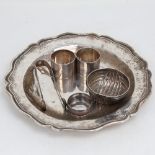 A large unmarked white metal card tray, diameter 24.5cm, 15.4oz, pair of silver napkin rings,